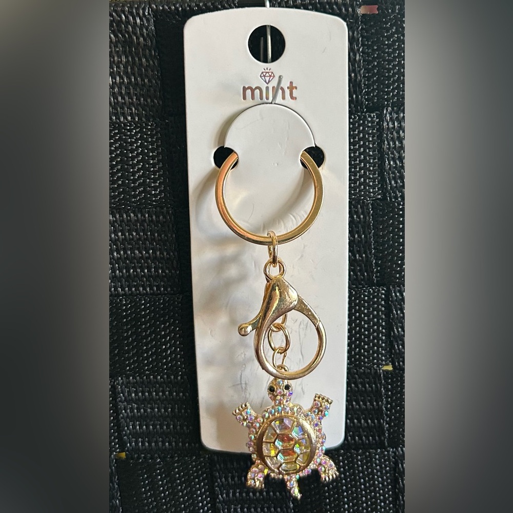 Gold Keychain Turtle with Rhinestone Accents